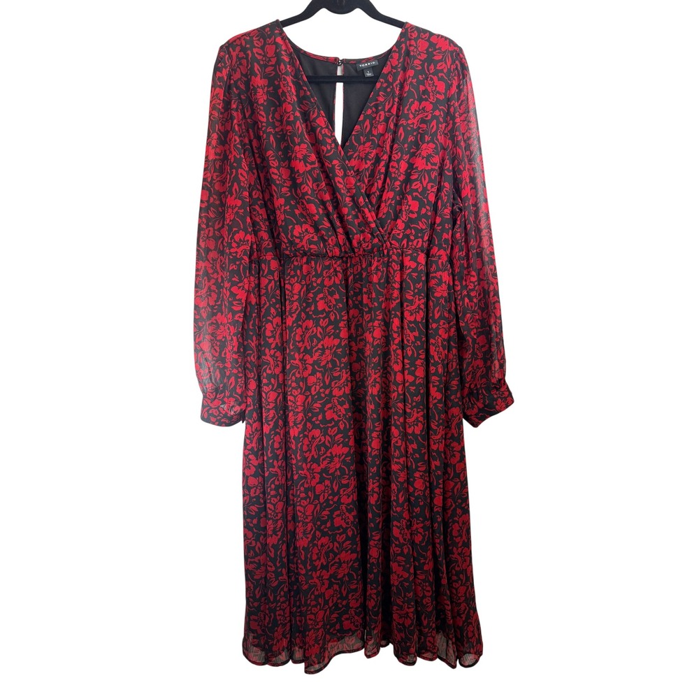 Torrid Red Black Floral Print V Neck Long Sleeve Midi Dress Sz 1 Feminine Fairy